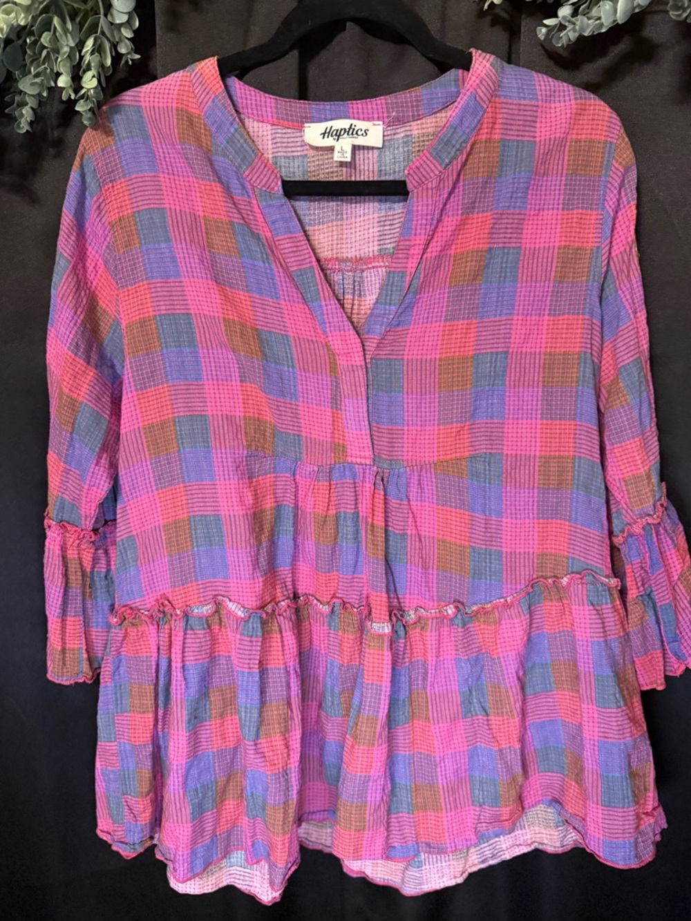 Haptics Pink Plaid Peplum Blouse